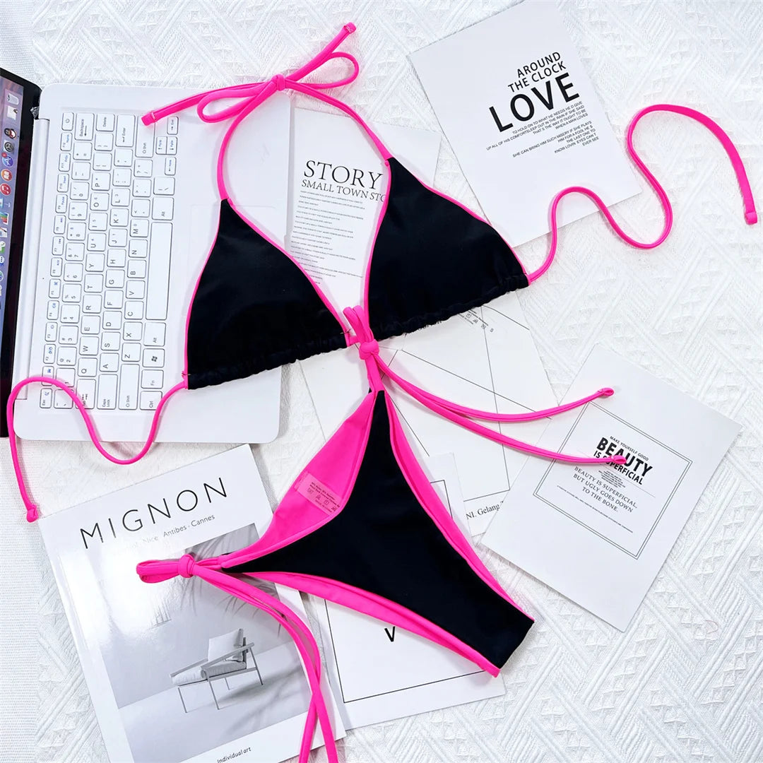 An elegant halter-style two-piece swimwear with a flattering Brazilian cut, designed for a feminine, confident beach look in vibrant seasonal colors