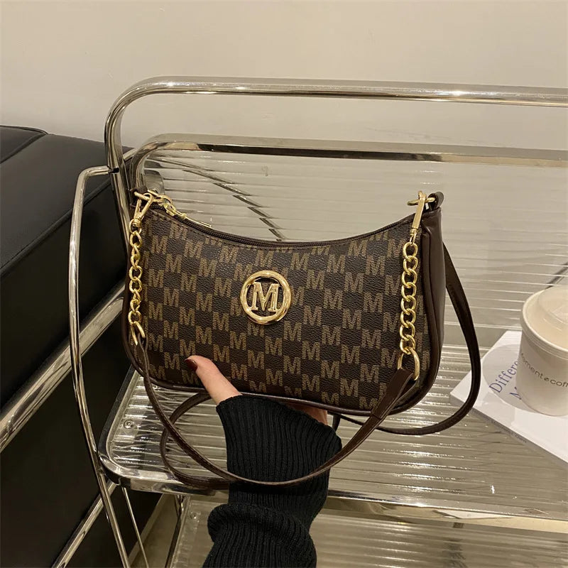 Vintage Style Handbag Crossbody Bag, Gold Letter 'M' Design Pu Leather Shoulder Messenger Bag