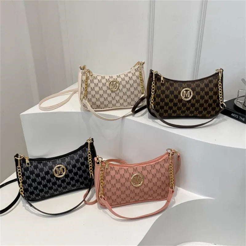 Vintage Style Handbag Crossbody Bag, Gold Letter 'M' Design Pu Leather Shoulder Messenger Bag