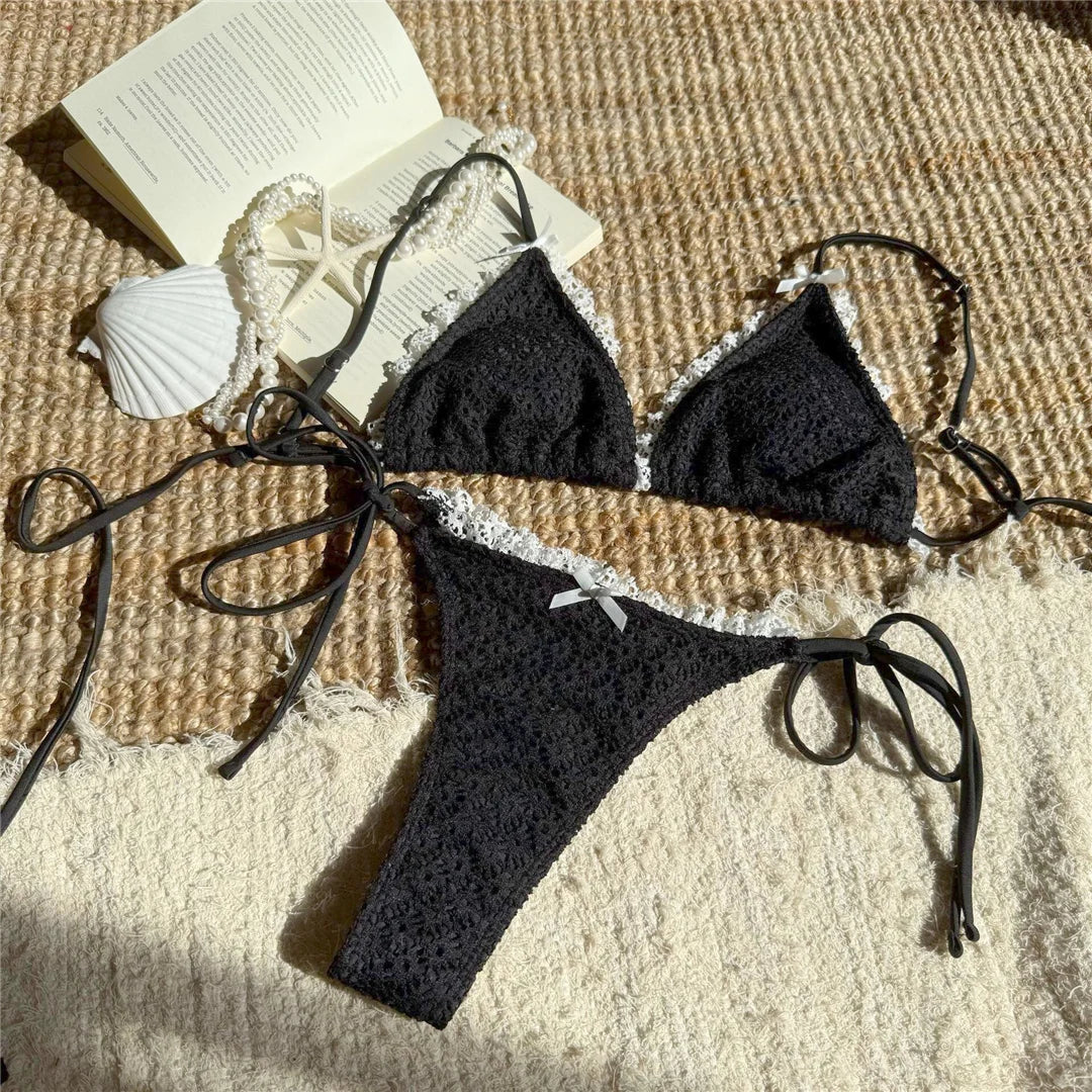 An elegant two-piece swimwear featuring delicate lace detailing, a halter neckline, and a mini thong high-cut leg design, crafted for a feminine and confident beach look