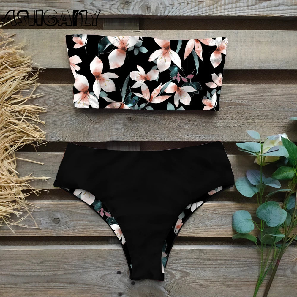 An elegant reversible two-piece swimwear featuring a bandeau top with cross-halter detail and a high-waisted bottom, designed for versatile, feminine summer style