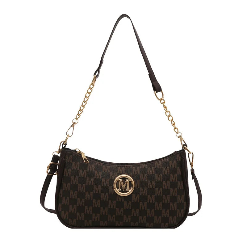 Vintage Style Handbag Crossbody Bag, Gold Letter 'M' Design Pu Leather Shoulder Messenger Bag