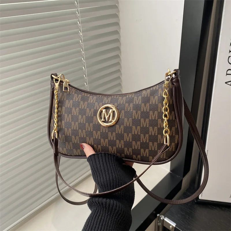 Vintage Style Handbag Crossbody Bag, Gold Letter 'M' Design Pu Leather Shoulder Messenger Bag