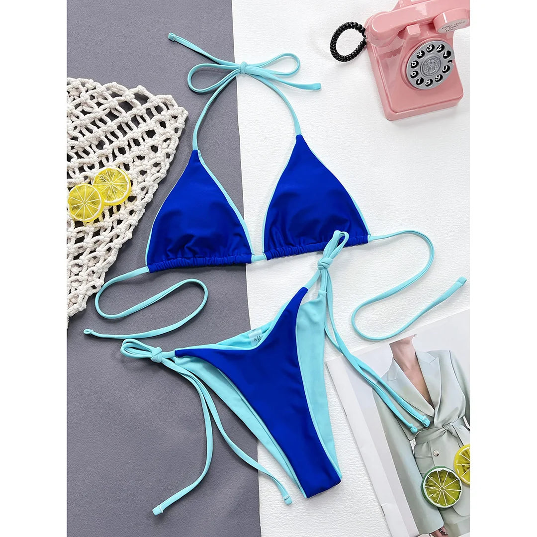 An elegant halter-style two-piece swimwear with a flattering Brazilian cut, designed for a feminine, confident beach look in vibrant seasonal colors