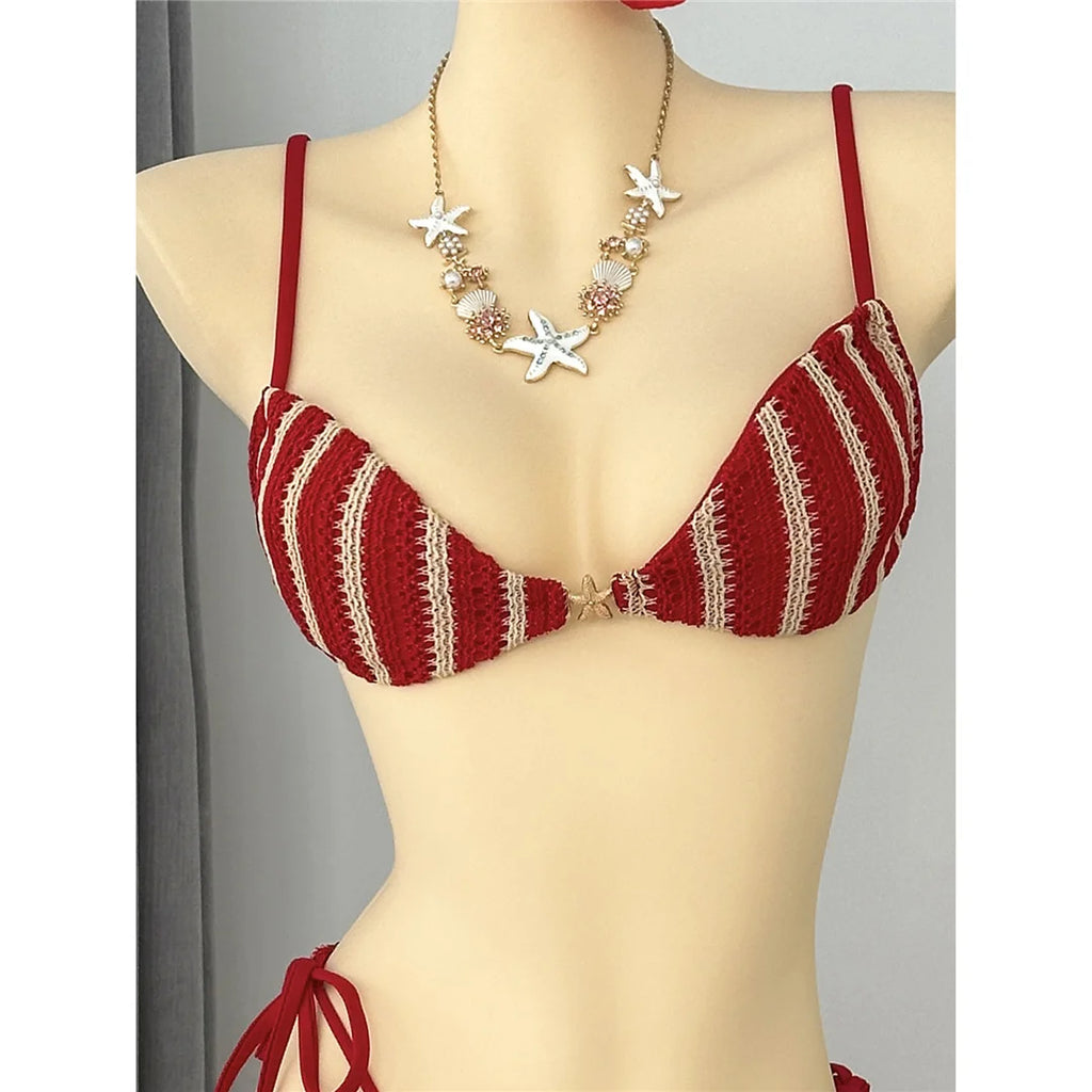 An elegant two-piece swimwear featuring a modern striped design, padded top, and flattering high-cut leg, created for a clean, feminine, and confident beach style