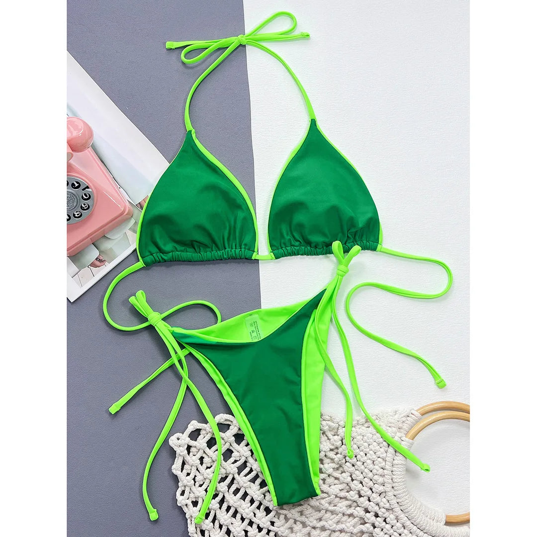An elegant halter-style two-piece swimwear with a flattering Brazilian cut, designed for a feminine, confident beach look in vibrant seasonal colors