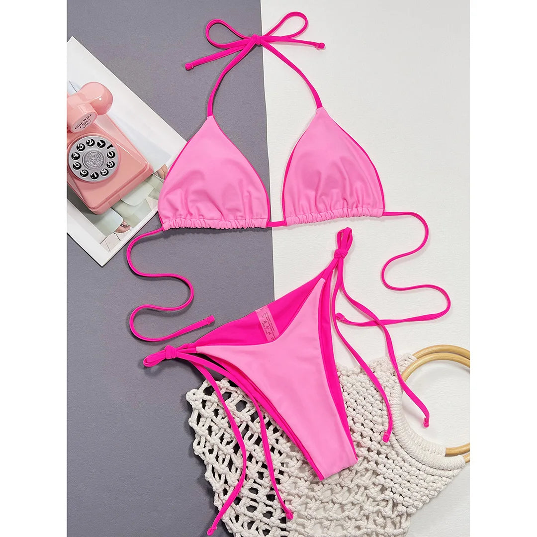 An elegant halter-style two-piece swimwear with a flattering Brazilian cut, designed for a feminine, confident beach look in vibrant seasonal colors