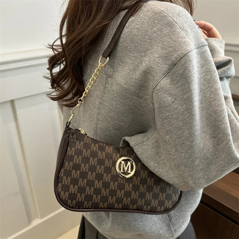 Vintage Style Handbag Crossbody Bag, Gold Letter 'M' Design Pu Leather Shoulder Messenger Bag