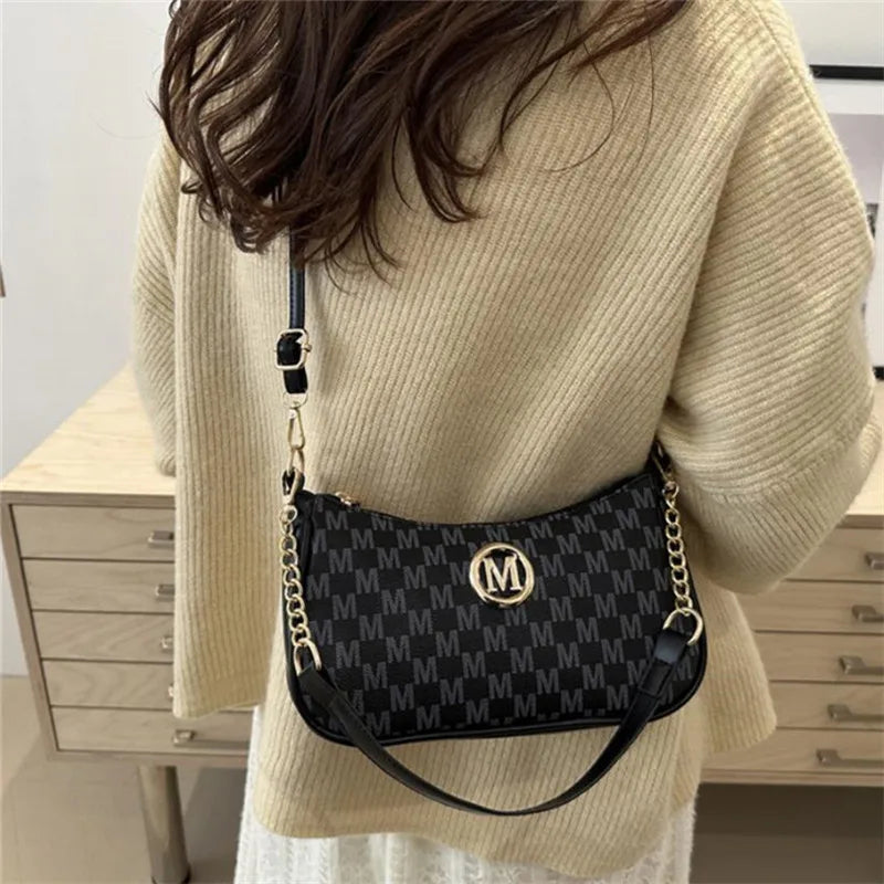 Vintage Style Handbag Crossbody Bag, Gold Letter 'M' Design Pu Leather Shoulder Messenger Bag