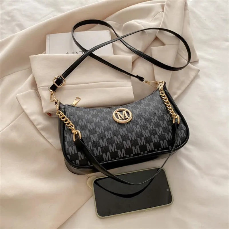 Vintage Style Handbag Crossbody Bag, Gold Letter 'M' Design Pu Leather Shoulder Messenger Bag